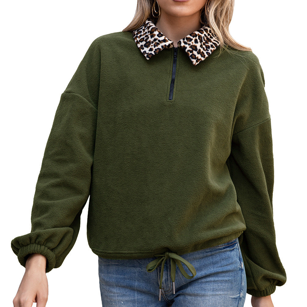 Women's Fleece Sweater with Animal Print Collar