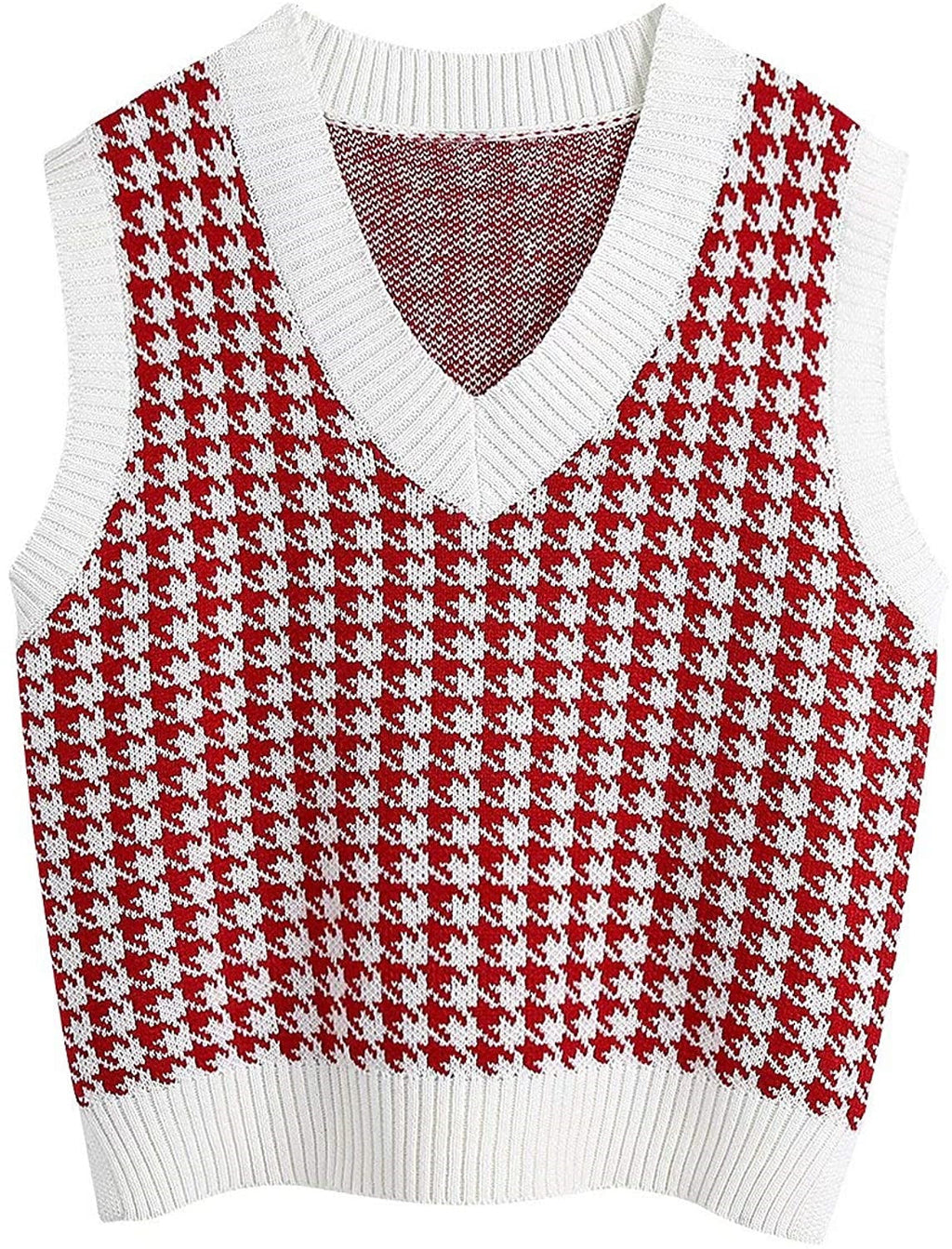Women's Sleeveless Knit Vest with Modern Houndstooth Pattern