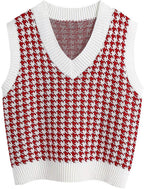 Women's Sleeveless Knit Vest with Modern Houndstooth Pattern