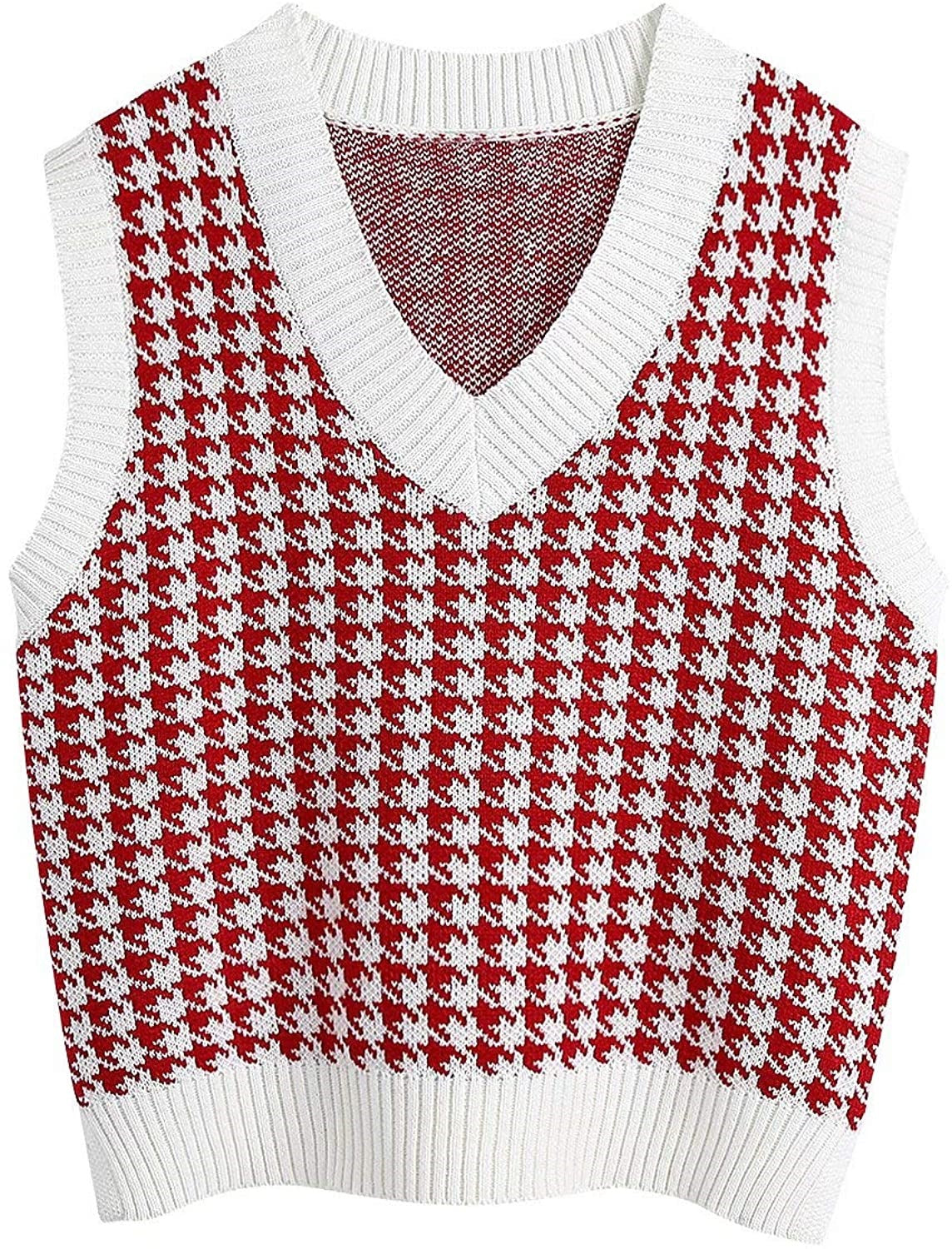 Women's Sleeveless Knit Vest with Modern Houndstooth Pattern