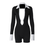 Elegant Deep Neckline Jumpsuit with Contrasting Sleeves