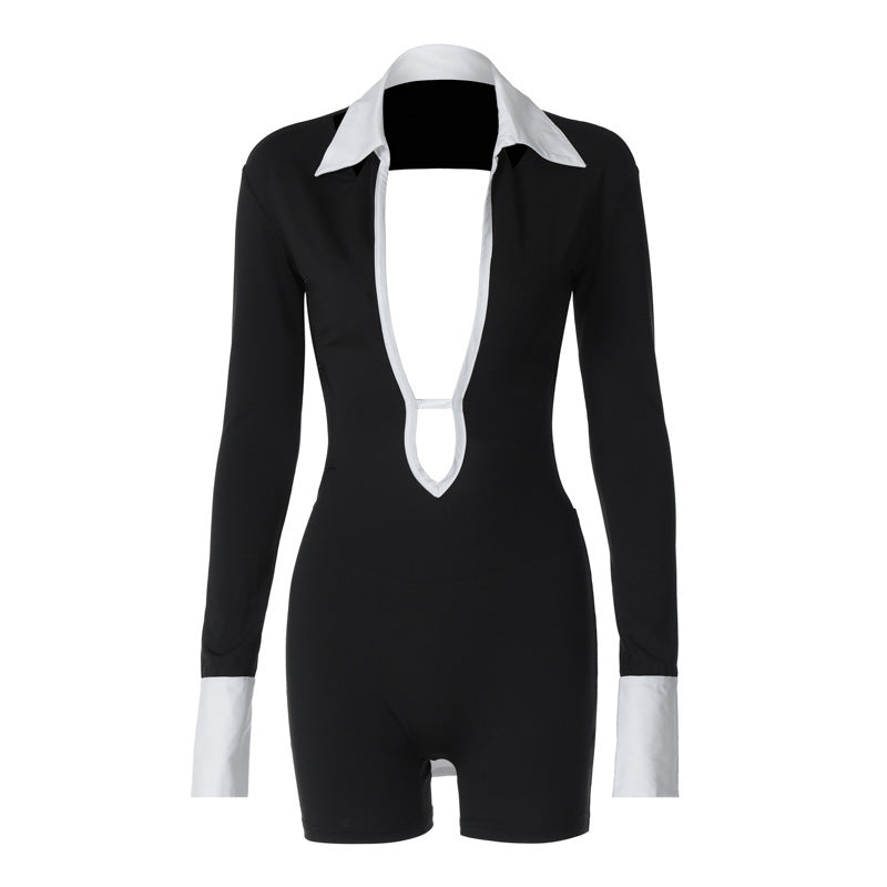 Elegant Deep Neckline Jumpsuit with Contrasting Sleeves