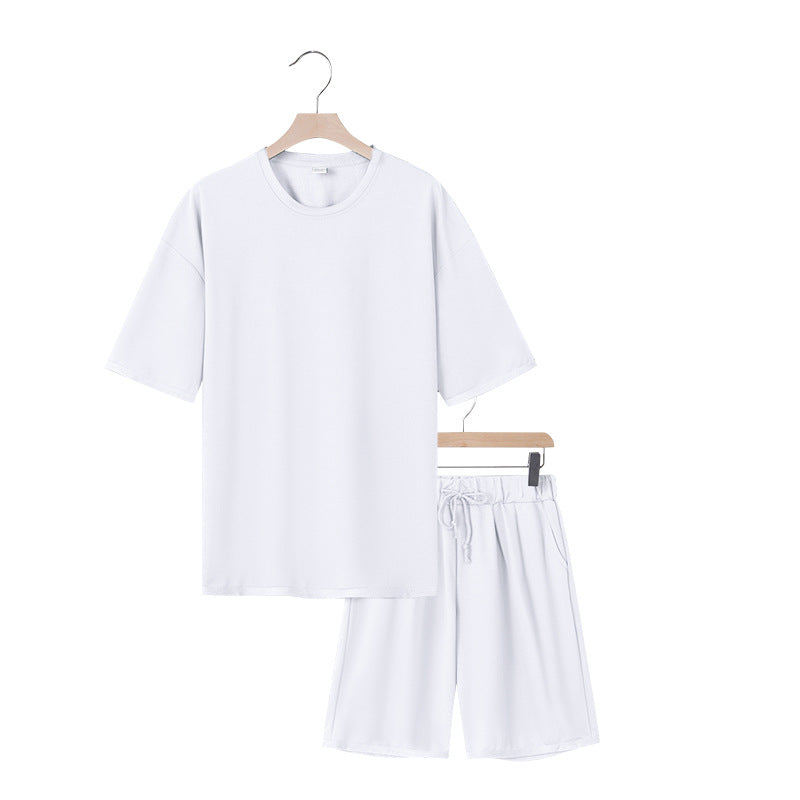 Men's relaxed jersey set with extended round neck t-shirt and elastic drawstring shorts
