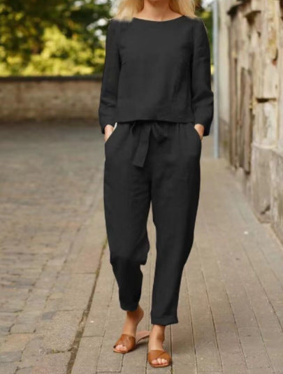 Women's Casual Linen Loungewear Set with Round Neck and Tie Belt