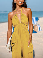 Casual Women's Jumpsuit with Deep Neckline and Pockets