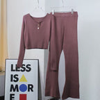Women's Casual Knit Loungewear Set with Button Details and Wide Leg