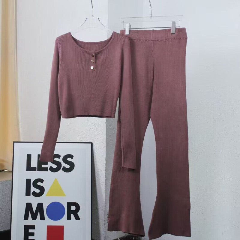 Women's Casual Knit Loungewear Set with Button Details and Wide Leg