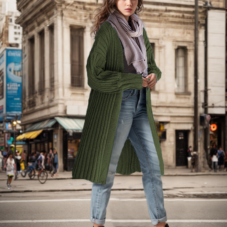 Women's Long Knit Coat with Casual Fit and Ribbed Design