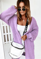 Women's Chunky Knit Cardigan with Voluminous Sleeves and Open Front