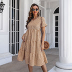 Women's Flowy V-Neck Jumpsuit with Ruffles and Plaid Pattern