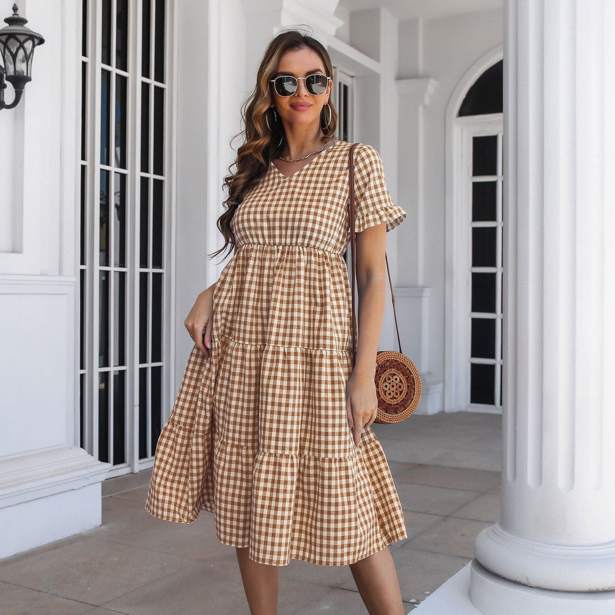 Women's Flowy V-Neck Jumpsuit with Ruffles and Plaid Pattern