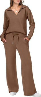 Women's Casual Lounge Set with Wide Cut and Cozy V-Neck