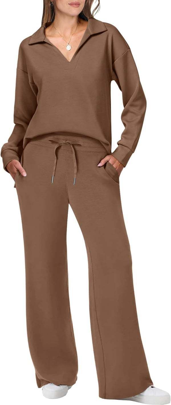Women's Casual Lounge Set with Wide Cut and Cozy V-Neck
