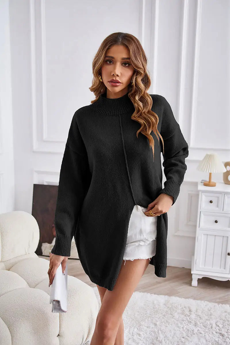 Women's Chunky Knit Sweater with High Collar and Asymmetrical Cut