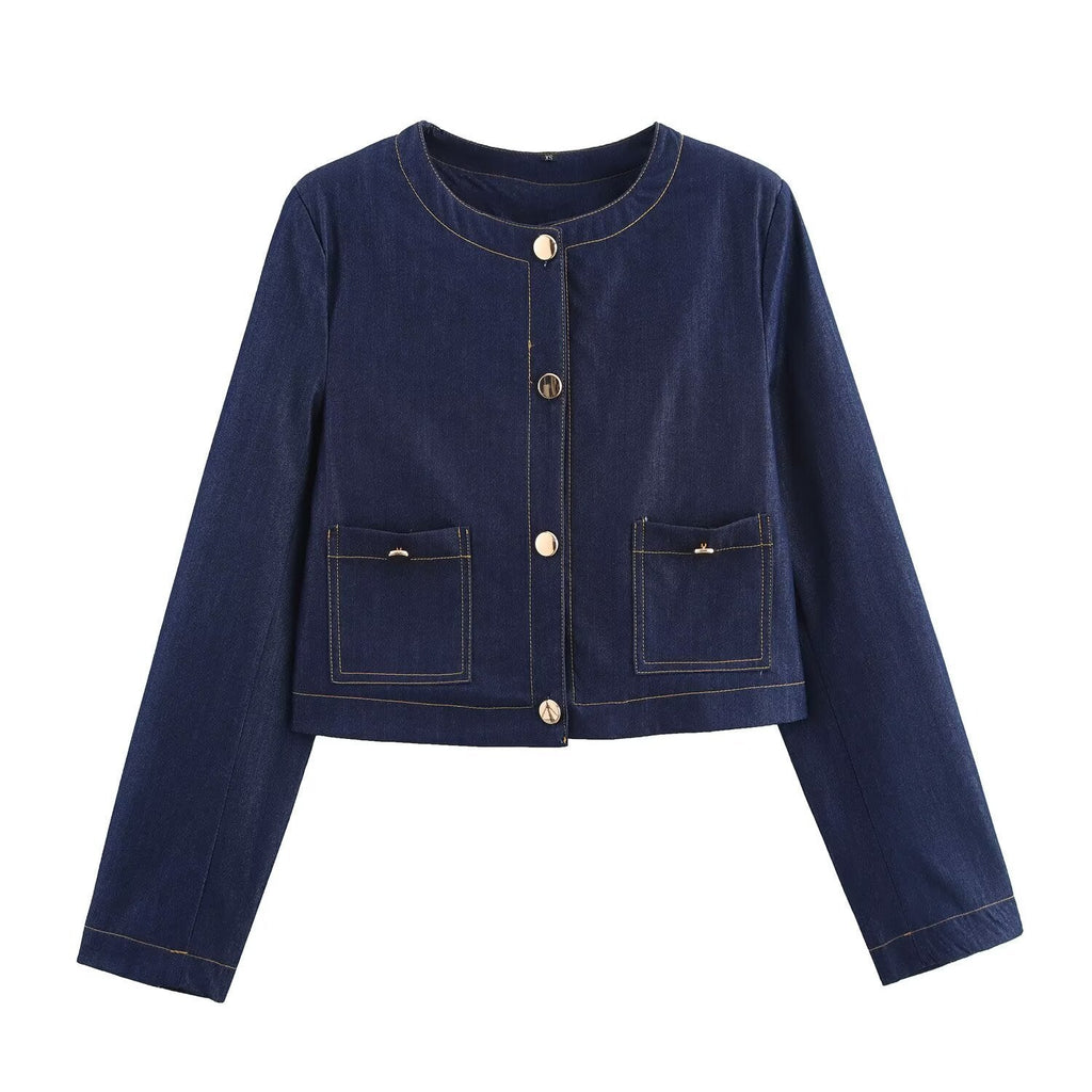 Women's Cropped Denim Jacket with Patch Pockets and Button Details