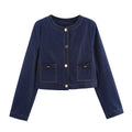 Women's Cropped Denim Jacket with Patch Pockets and Button Details
