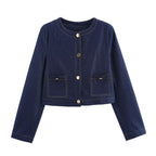 Women's Cropped Denim Jacket with Patch Pockets and Button Details