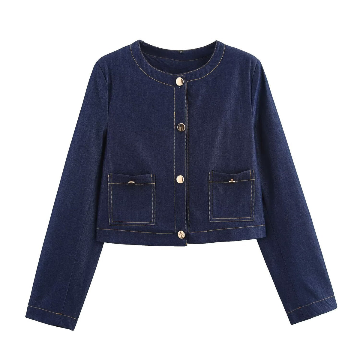 Women's Cropped Denim Jacket with Patch Pockets and Button Details