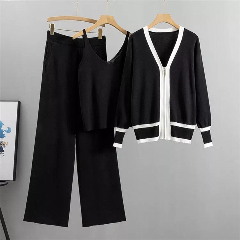 Women's Casual Knit Loungewear Set with Zip Cardigan and Wide-Leg Pants