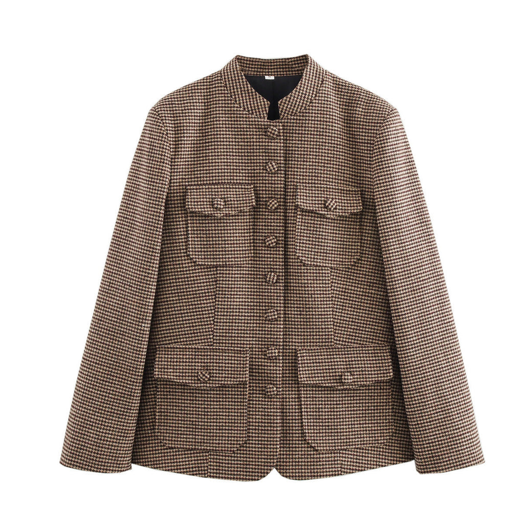 Women's Elegant Plaid Jacket with Button Placket and Pockets