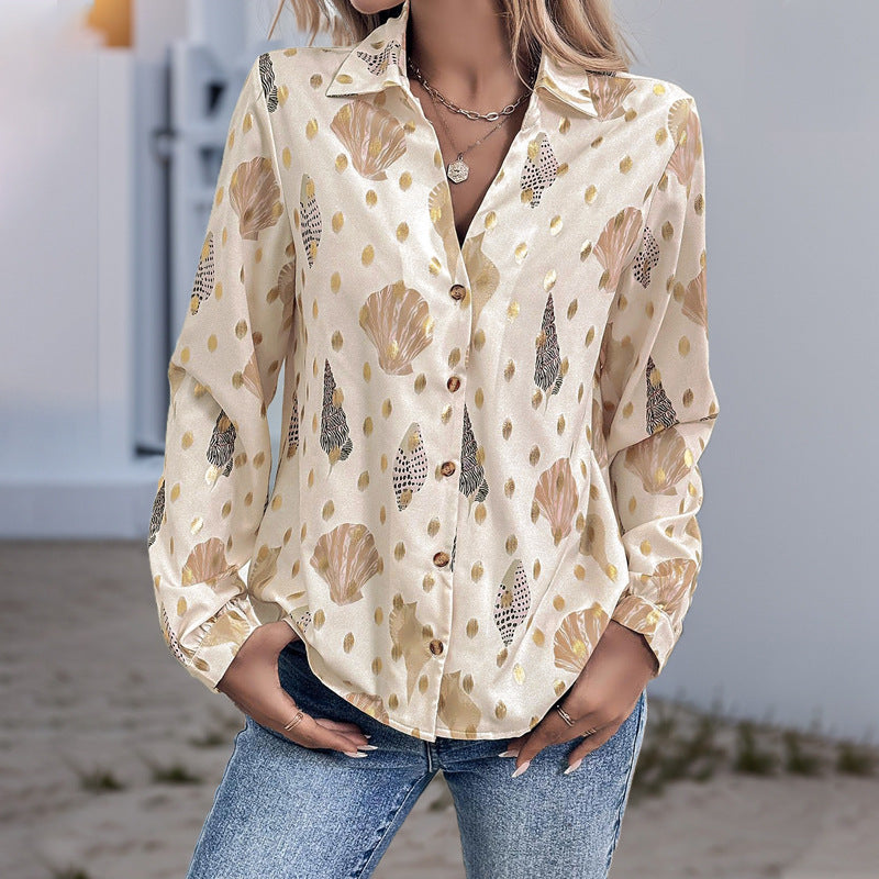 Women's Blouse with Elegant Shell and Gold Accents