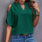 Women's Blouse with Cut-Out Sleeves and Elegant Stand-Up Collar