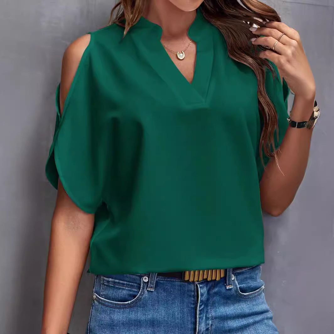 Women's Blouse with Cut-Out Sleeves and Elegant Stand-Up Collar
