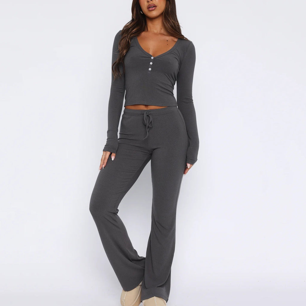 Ribbed Loungewear Set with Button Placket