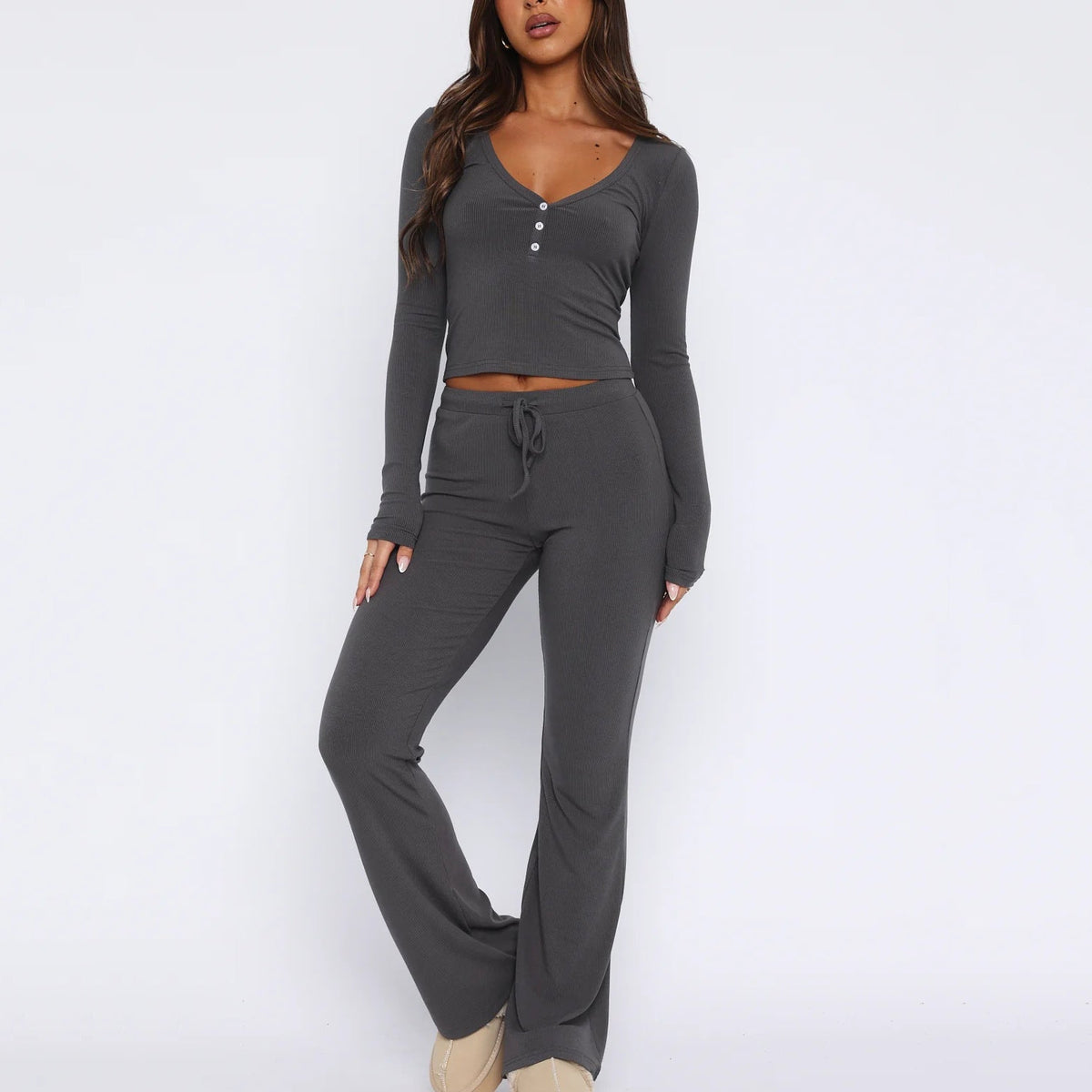 Women's Cozy Lounge Set with Long Top and Flared Pants