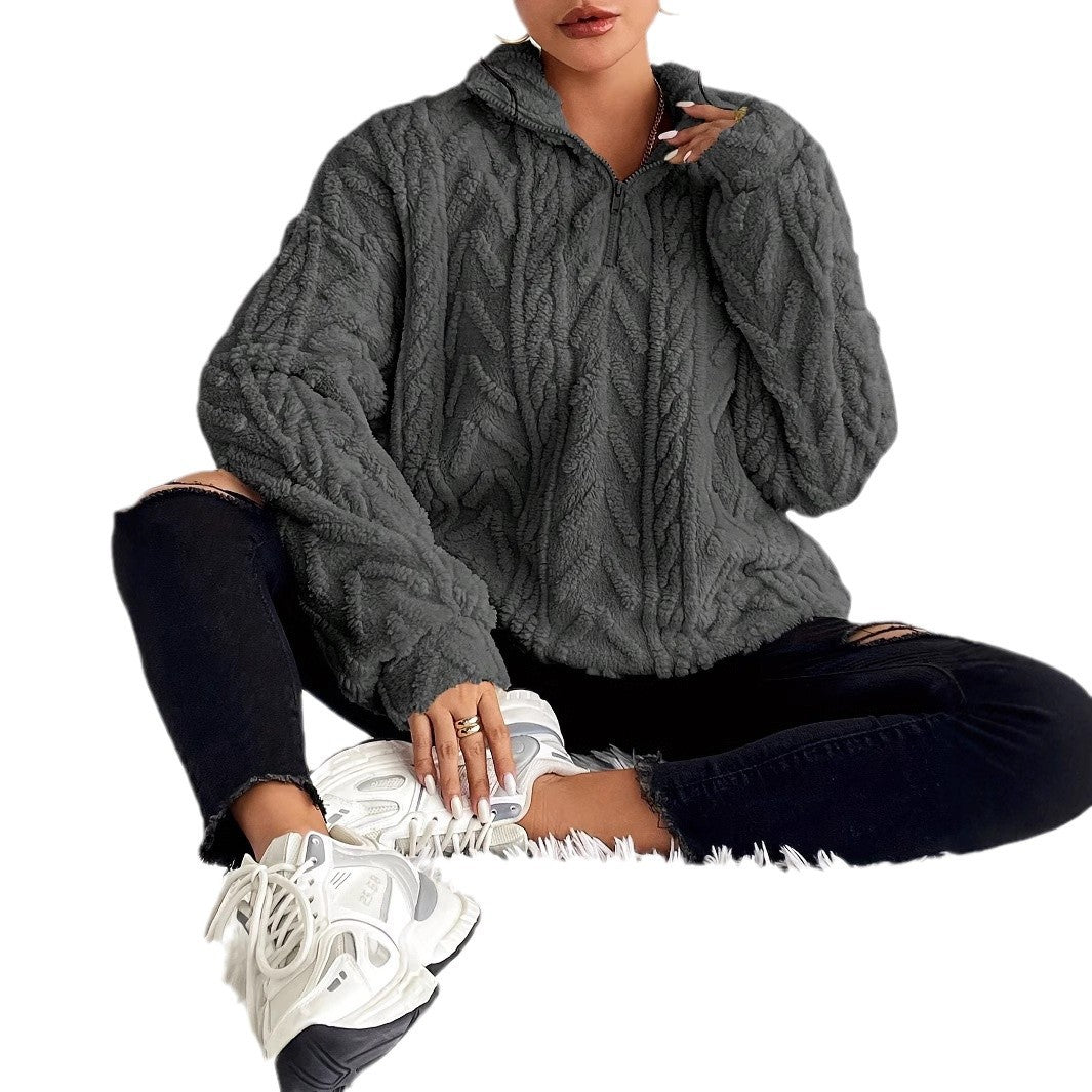 Women's Patterned Oversized Fleece Pullover with High Collar