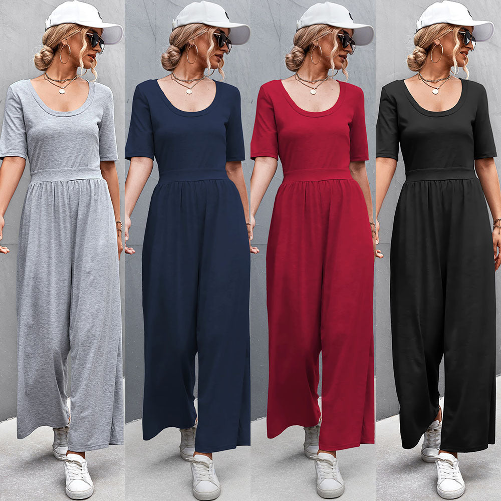 Women's Wide-Leg Jumpsuit with Elegant Round Neck