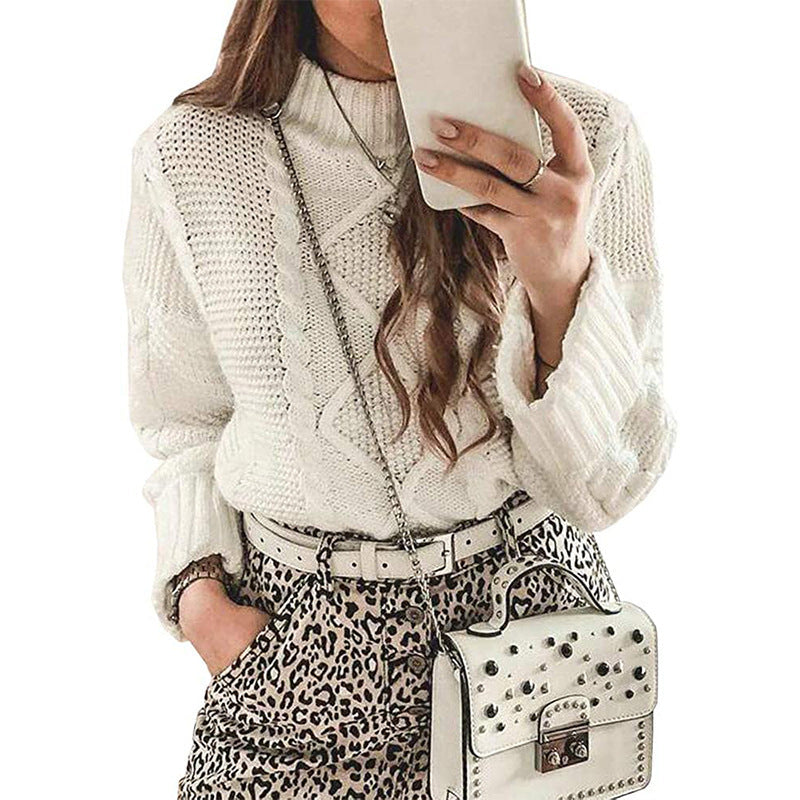 Women's Chunky Knit Sweater with Textured Stitching and High Collar