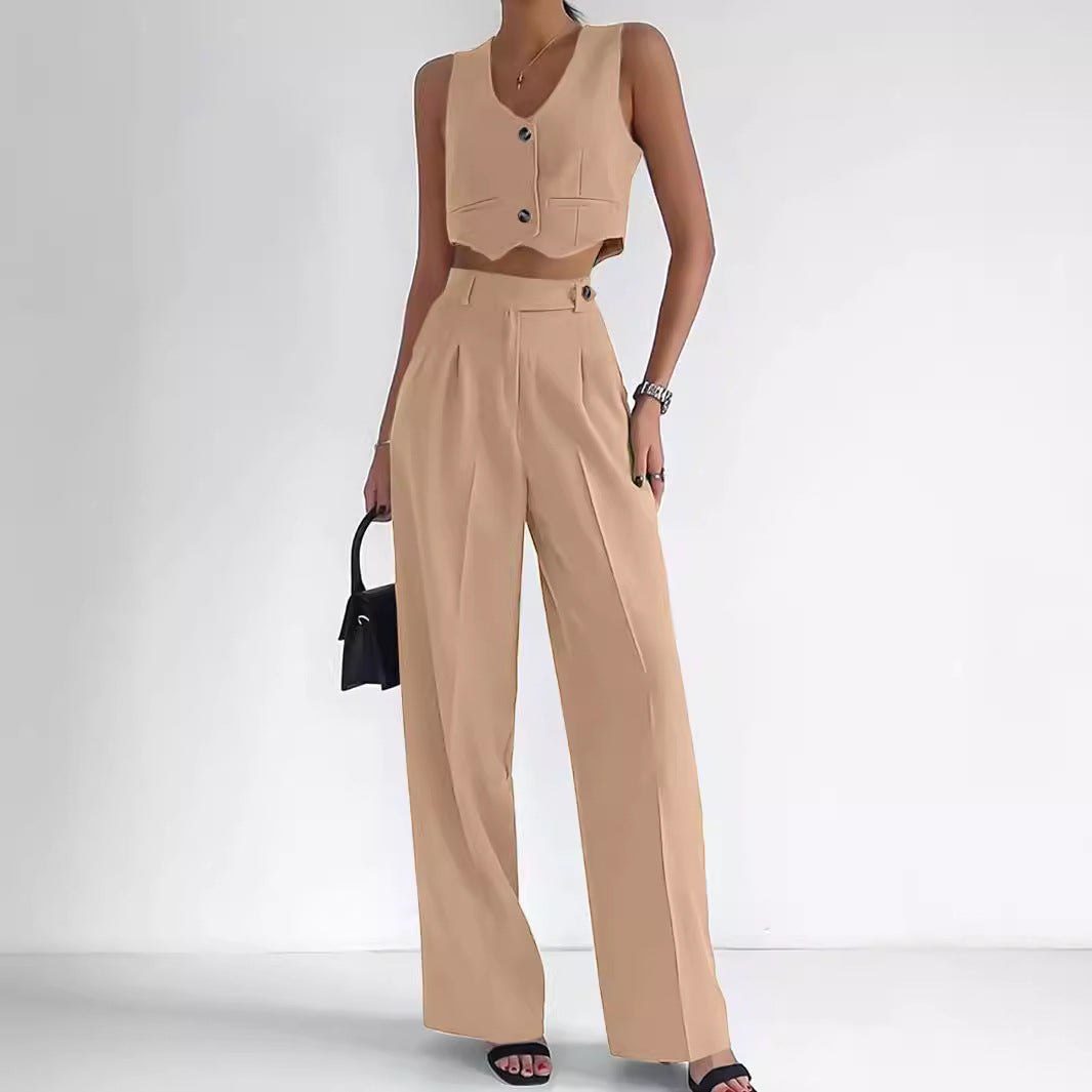 Women's Fashionable Two-Piece Set with Sleeveless Cropped Top and Wide-Leg Trousers