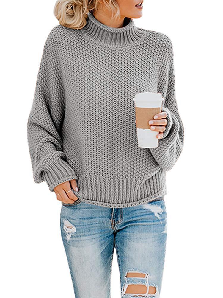 Women's Chunky Knit Sweater with High Collar and Loose Fit