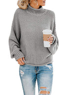 Women's Chunky Knit Sweater with High Collar and Loose Fit