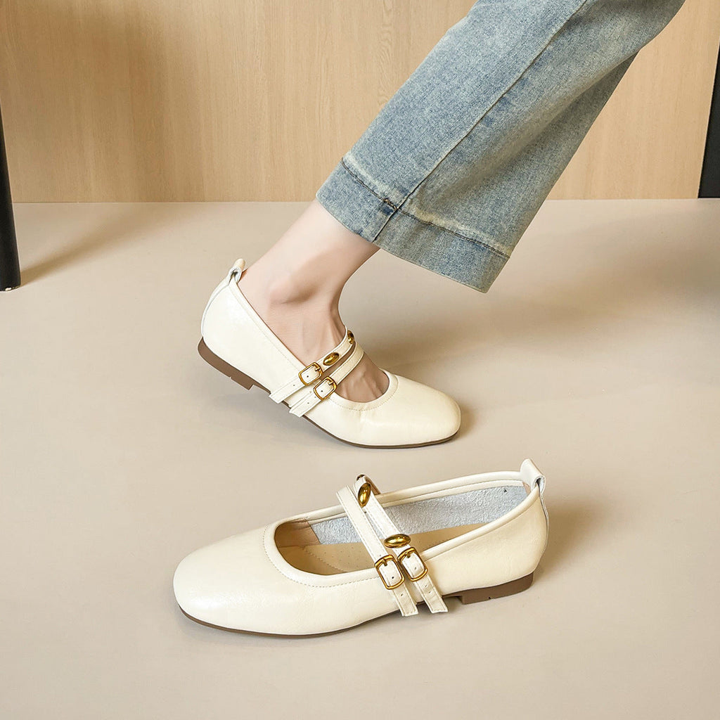 Women's Ballet Flats with Double Straps and Elegant Buckle Detail