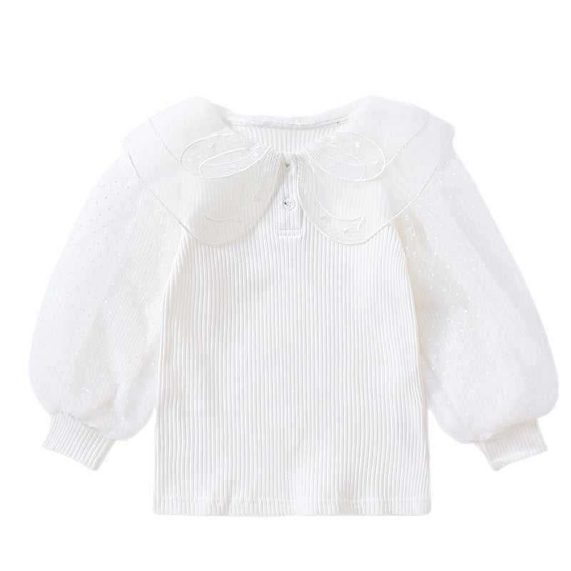 Elegant Women's Blouse with Puff Sleeves and Lace Collar