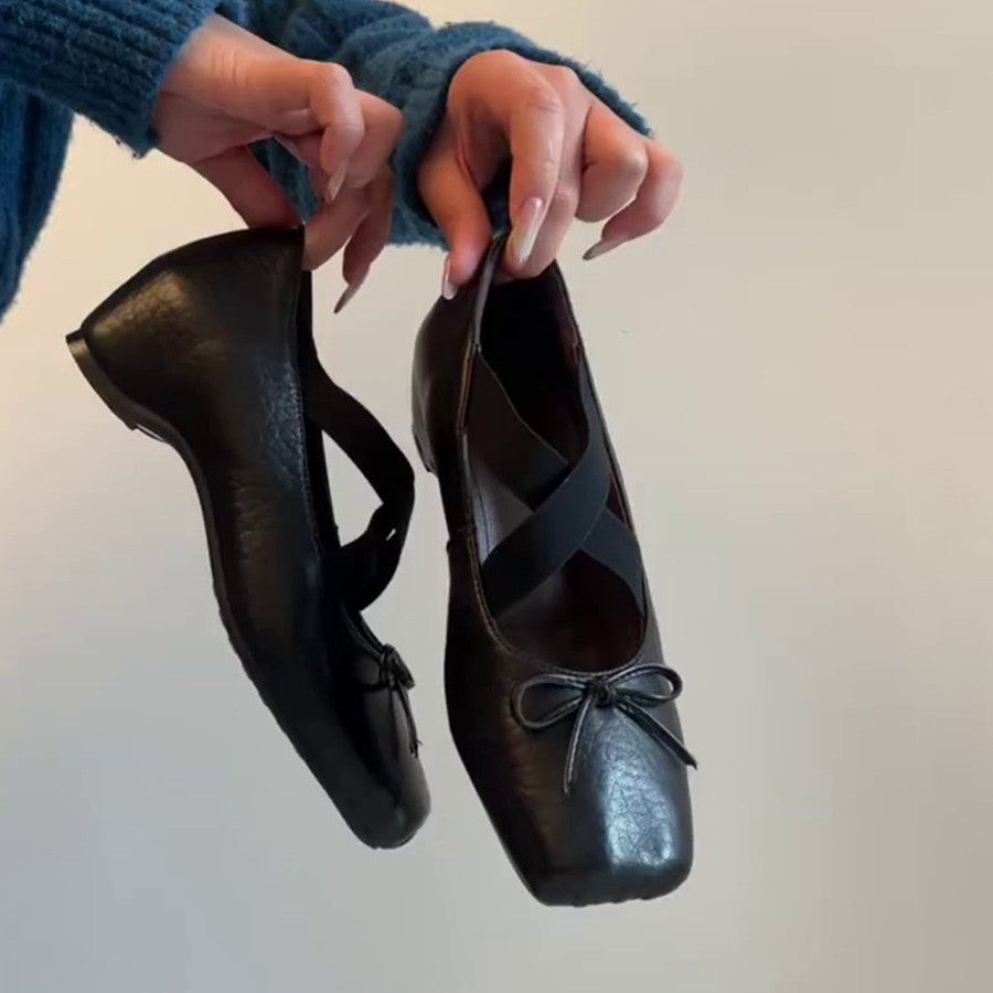 Women's Ballet Flats with Elastic Cross Straps and Decorative Bow Detail