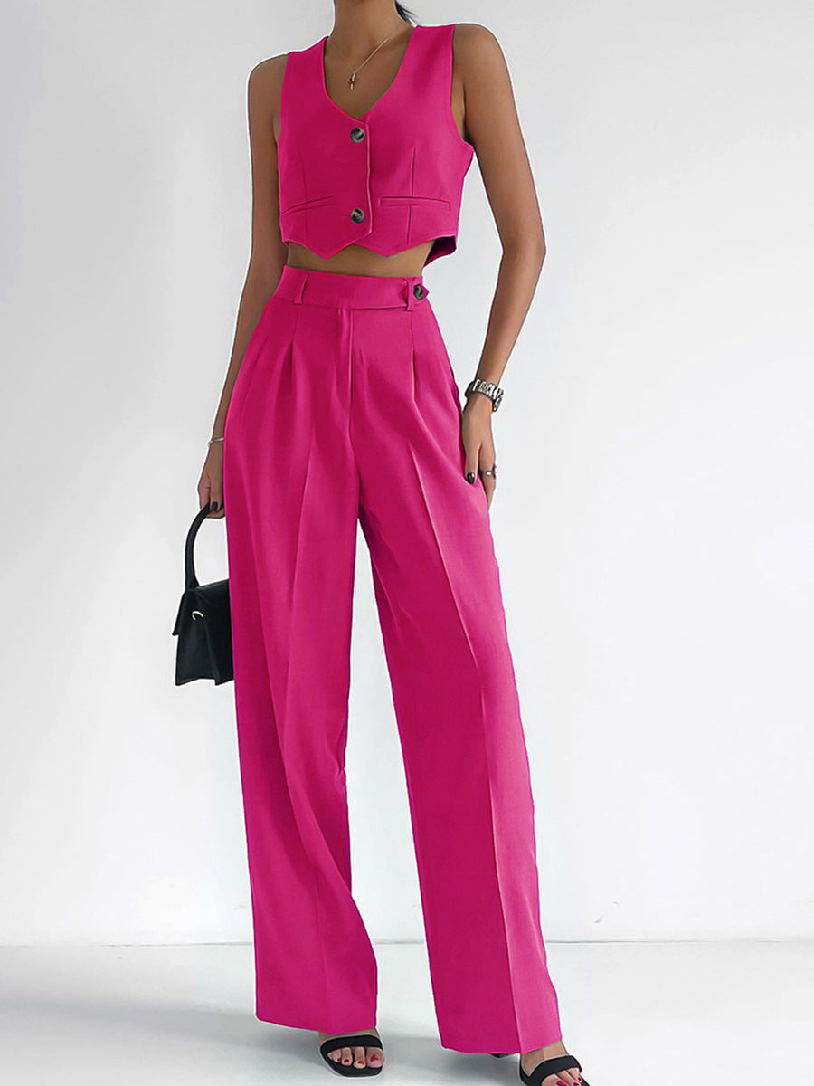 Women's Fashionable Two-Piece Set with Sleeveless Cropped Top and Wide-Leg Trousers