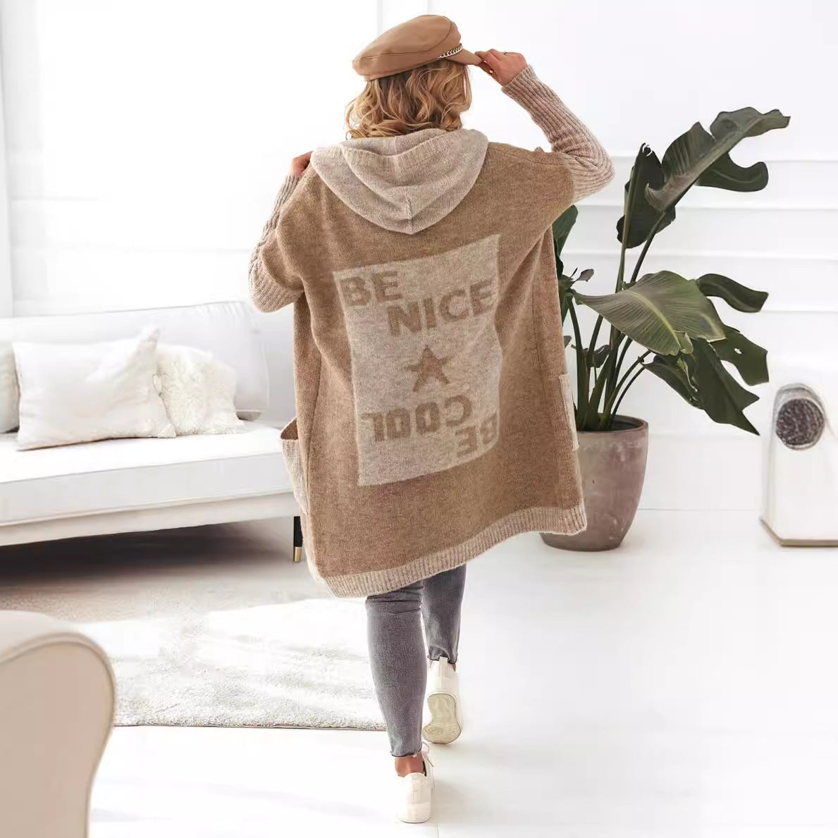 Women's Lightweight Knit Coat with Hood and Pockets
