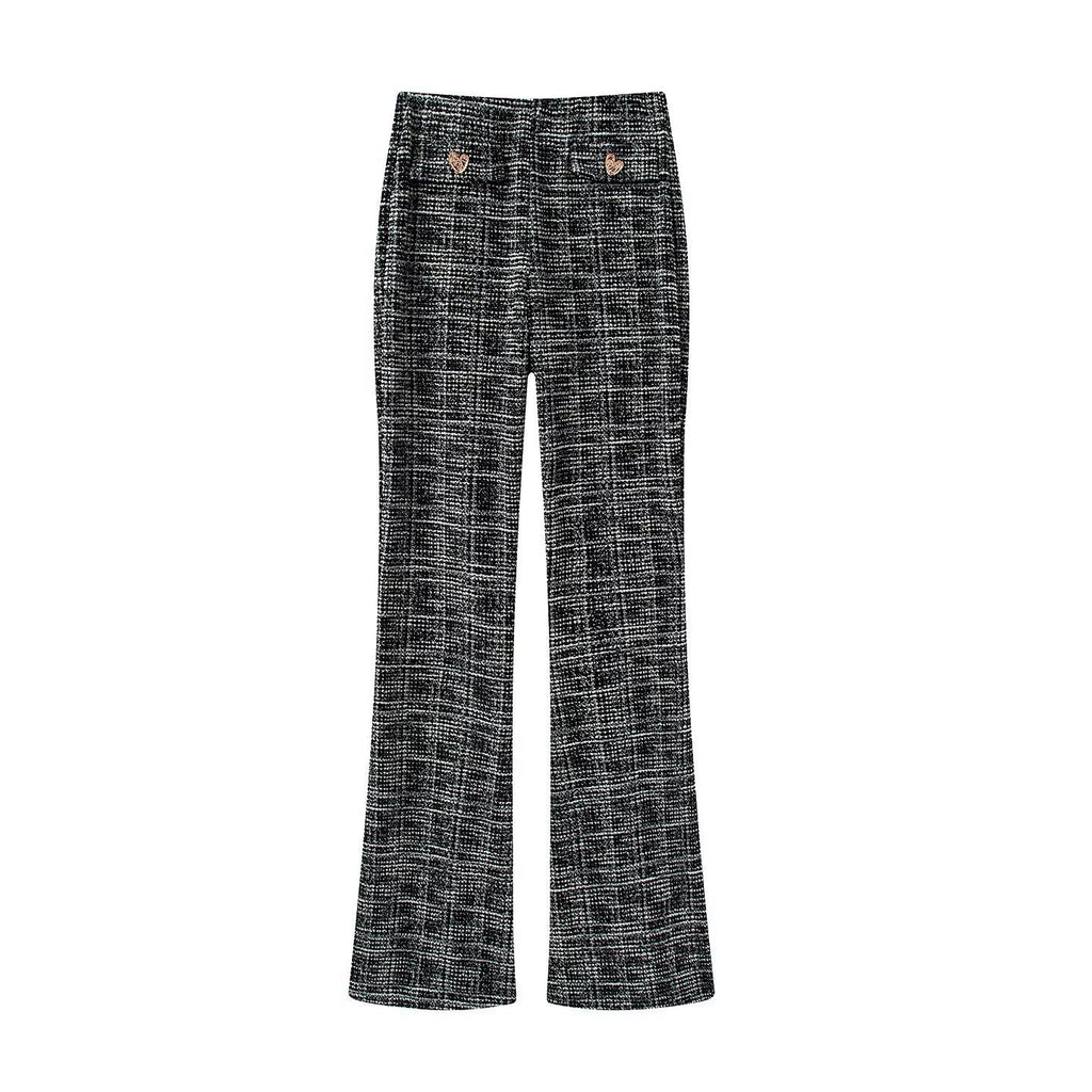 Women's Elegant Plaid Trousers with Slim Cut and Decorative Buttons