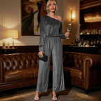 Elegant Women's Glitter One-Shoulder Jumpsuit with Wide Leg and Elastic Waist