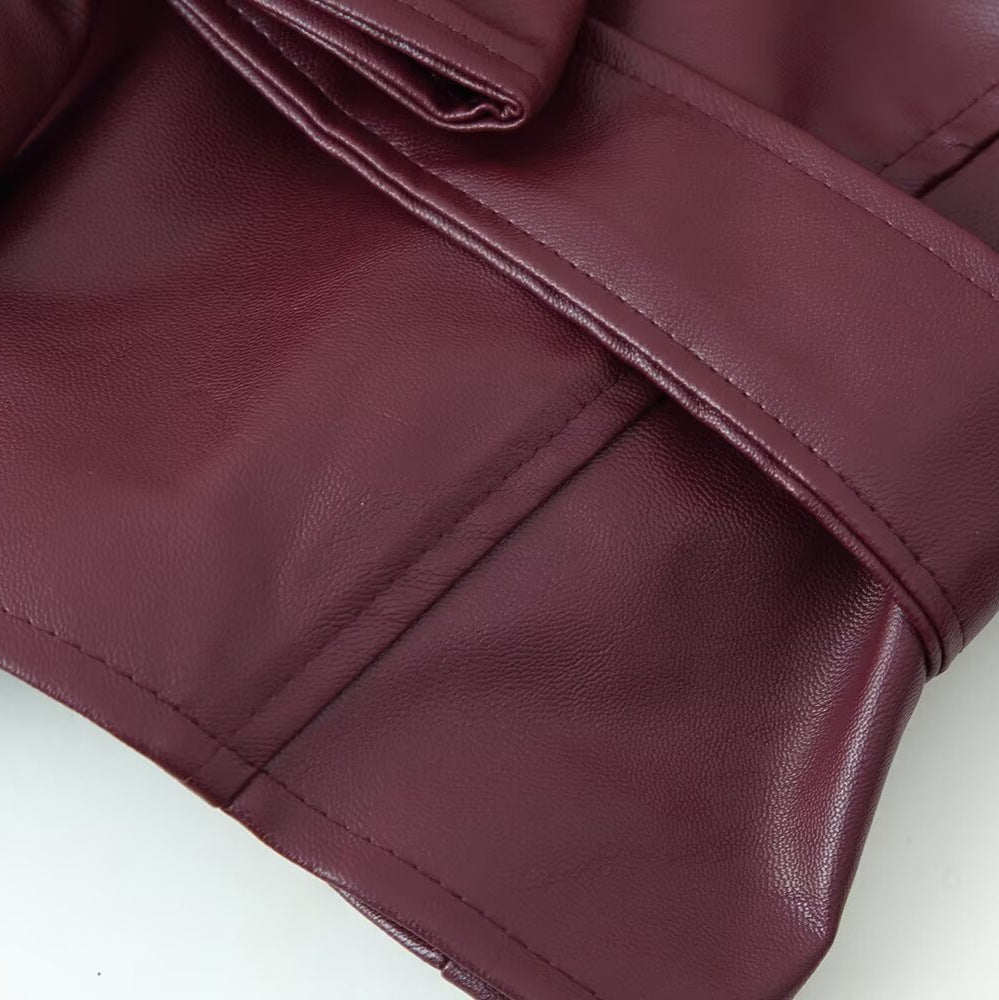 Women's Elegant Faux Leather Jacket with Tie Belt