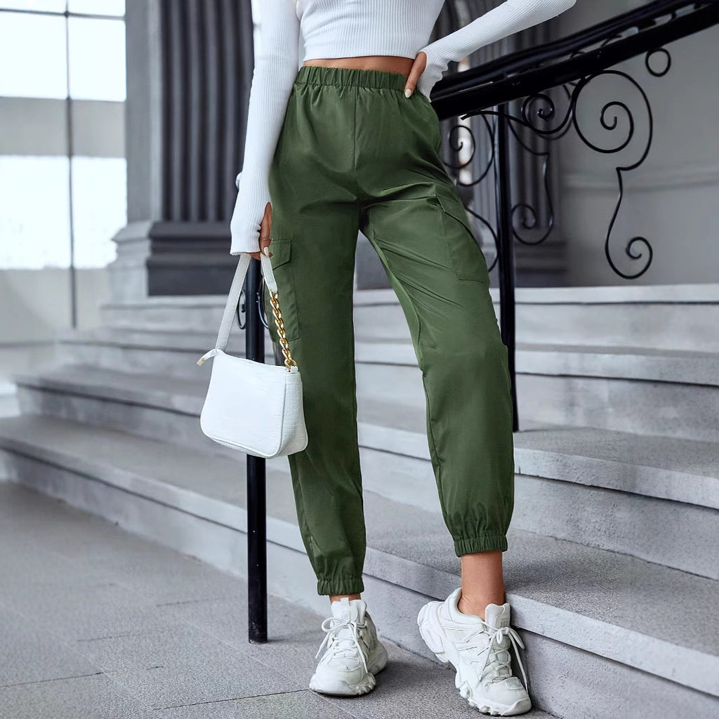Women's Cargo Pants with Elastic Waist and Side Pockets