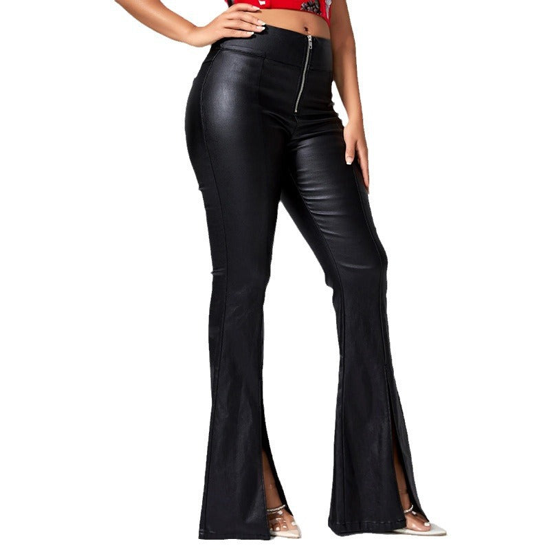 Women's Faux Leather Trousers with Side Slits