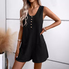 Women's Short-Sleeve Jumpsuit with Button Details and Practical Pockets