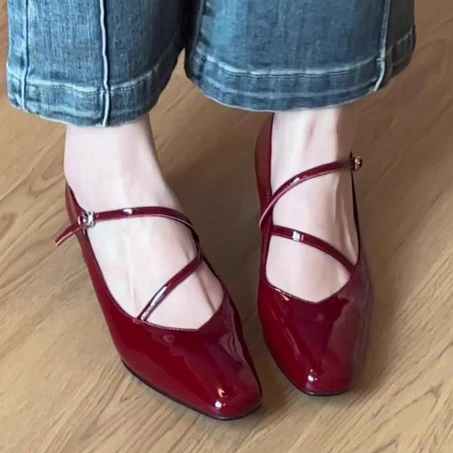 Women's Ballet Flats with Elegant Cross-Strap and High-Gloss Finish