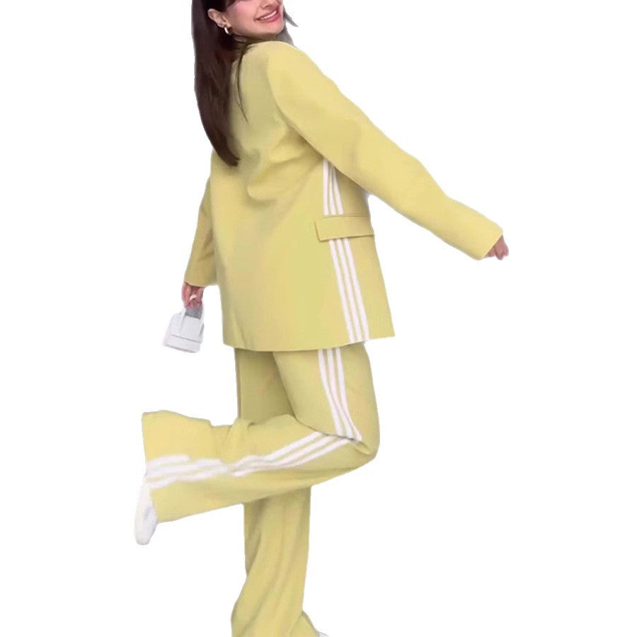 Women's Fashionable Blazer and Pants Set with Contrast Stripes