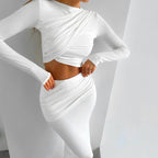 Women's Elegant Wrap Top and Maxi Skirt Set with Long Sleeves