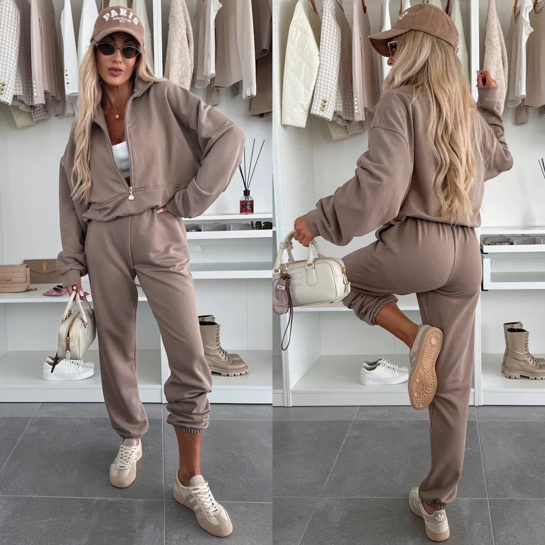Women's Cozy Leisure Jogging Suit with Half Zipper